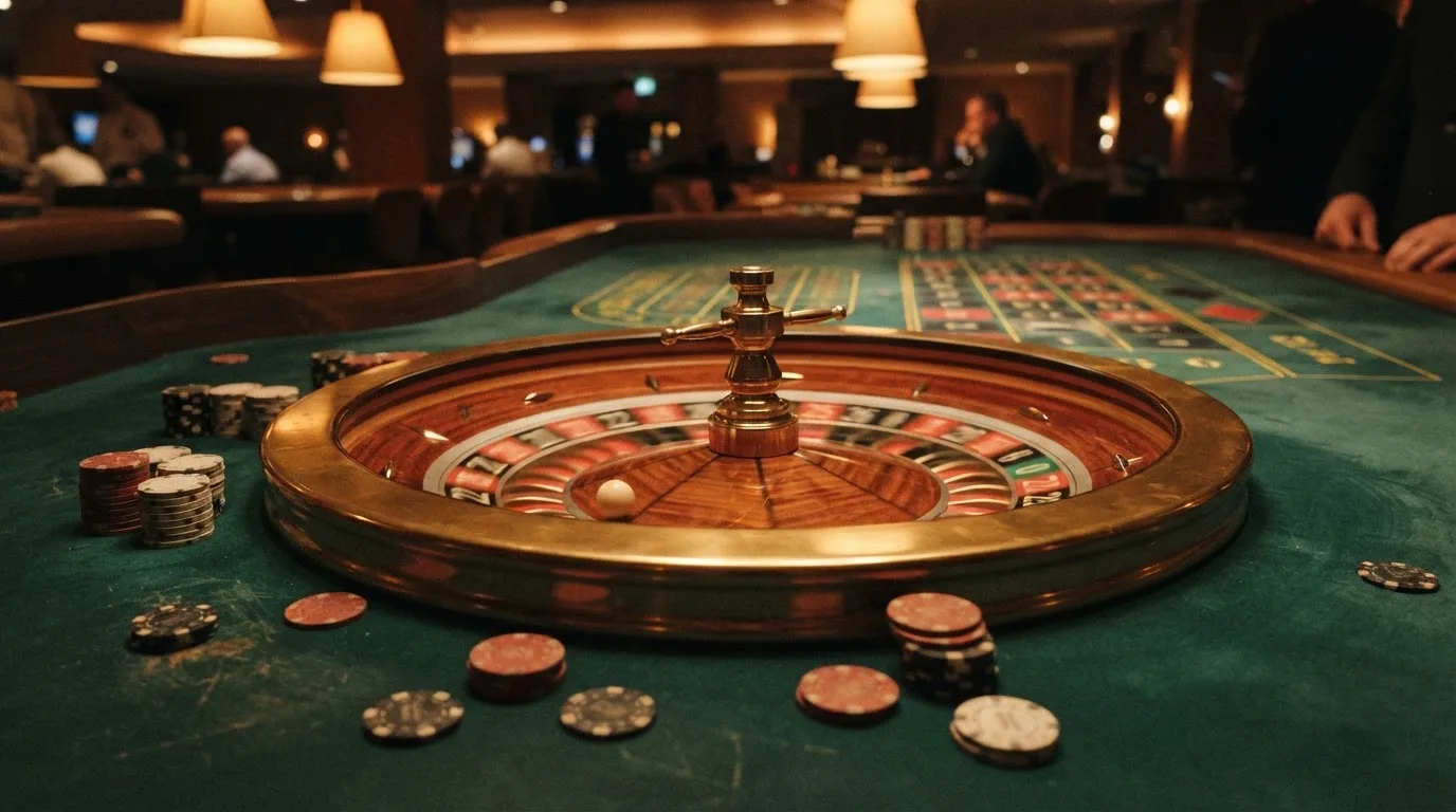 Roulettehjul og spillemærker på grønt filt i varmt aftenlys — anmeldelser af casinoer