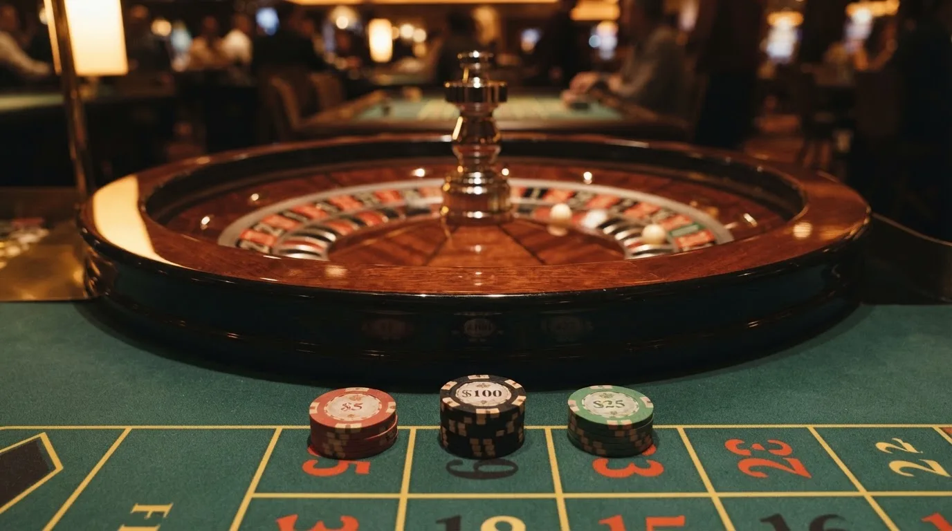 Roulettehjul og spillemærker på grønt filt i varmt aftenlys — bedste blackjack casinoer