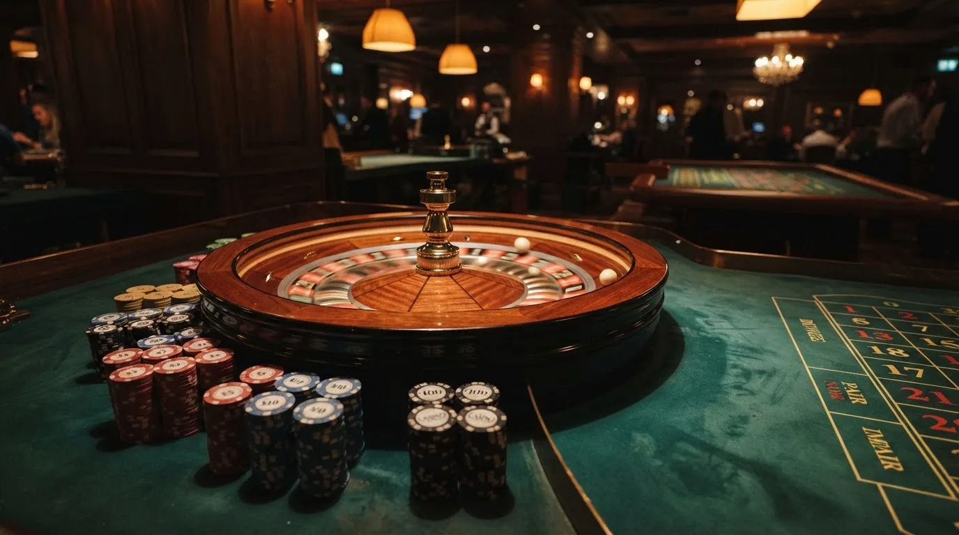 Roulettehjul og spillemærker på grønt filt i varmt aftenlys — bedste blackjack i danmark