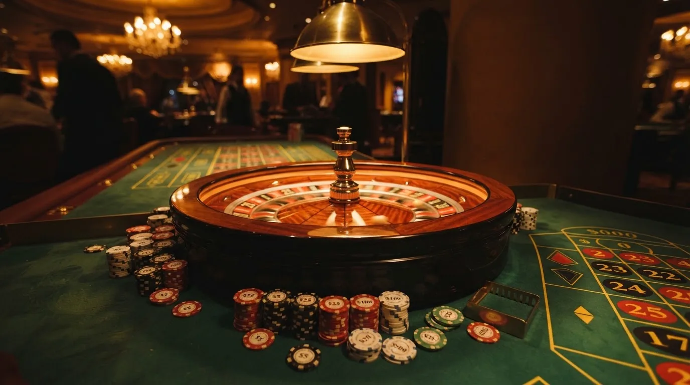Roulettehjul og spillemærker på grønt filt i varmt aftenlys — bedste danske casino bonusser