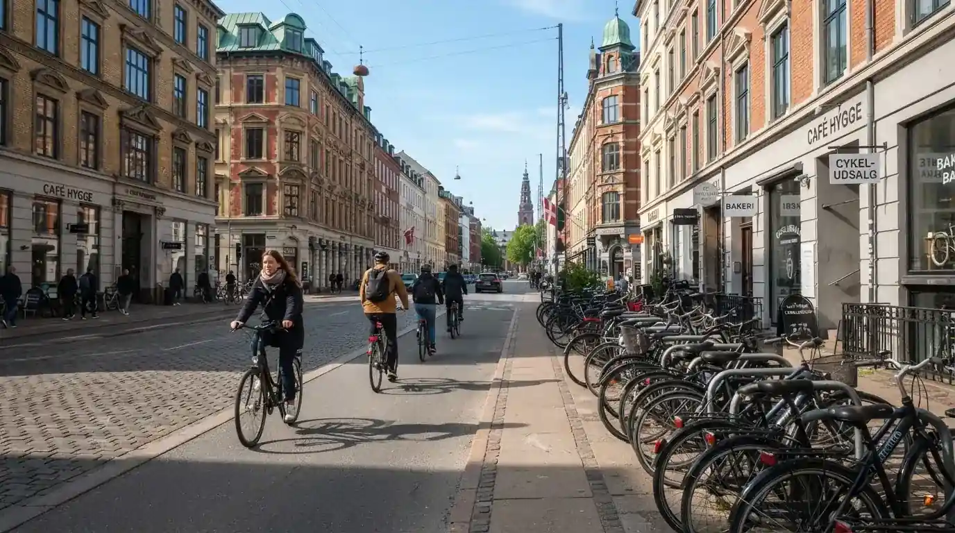 Københavnsk gade med klassiske bygninger og cyklister i klart vejr, set fra fortovet.