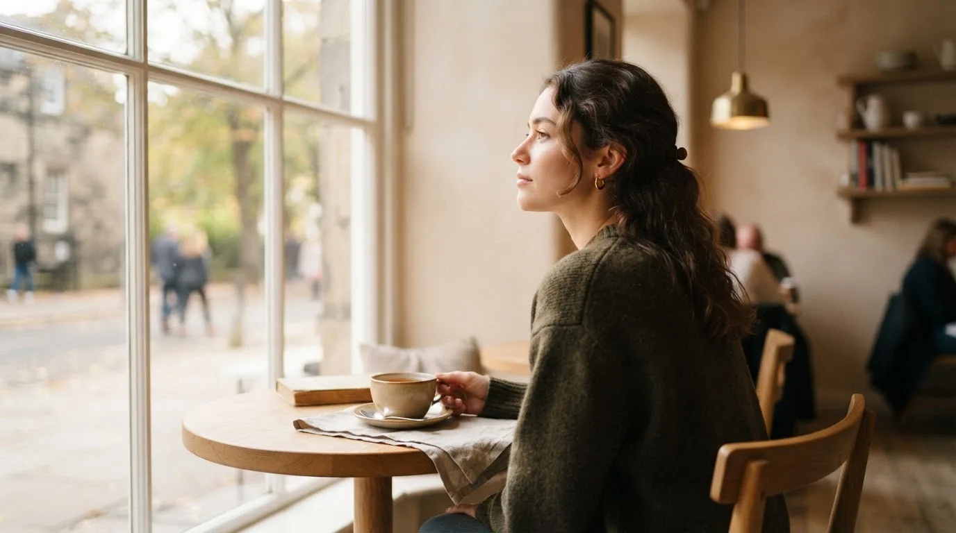 Kvinde sidder på en café med en kop te og kigger tænksomt ud ad vinduet i blødt dagslys.