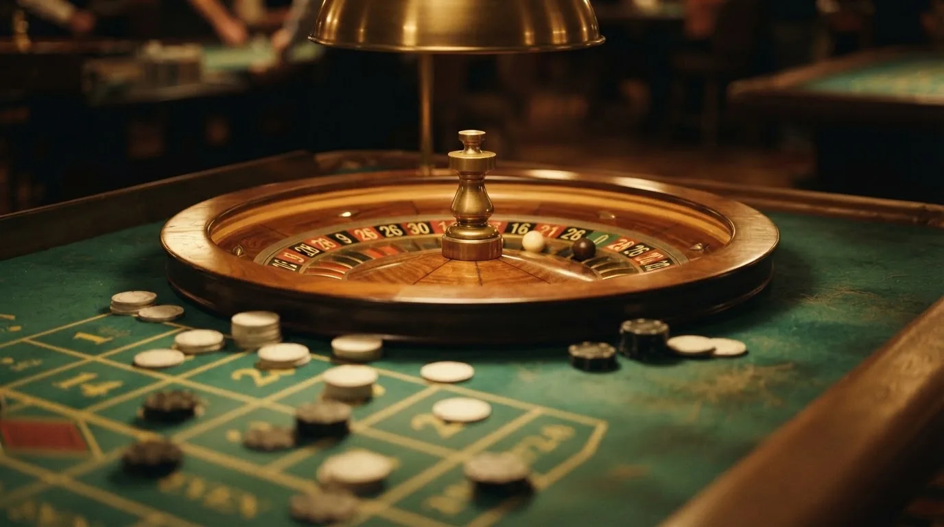 Roulettehjul og spillemærker på grønt filt i varmt aftenlys — bedste roulette casinoer
