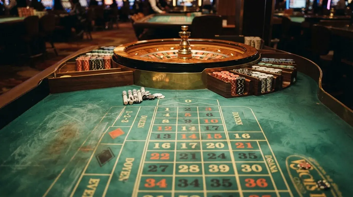 Roulettehjul og spillemærker på grønt filt i varmt aftenlys — casino bonus til eksisterende kunder