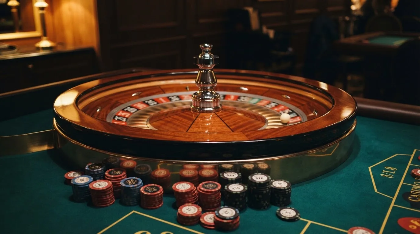 Roulettehjul og spillemærker på grønt filt i varmt aftenlys — casino bonus uden indskud dk