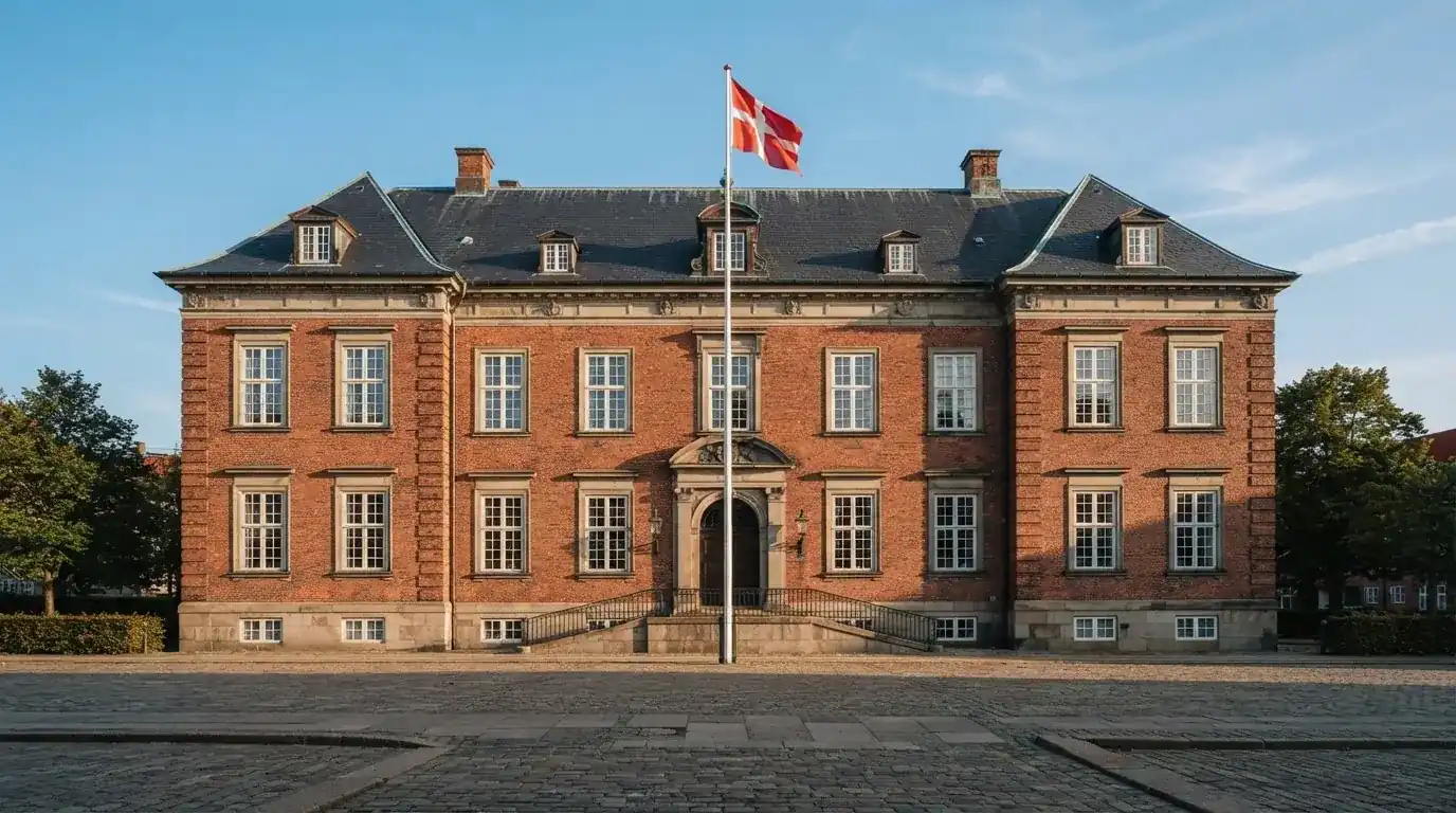 Facade af en klassisk dansk administrationsbygning i røde mursten med flagstang under blå himmel, uden personer.
