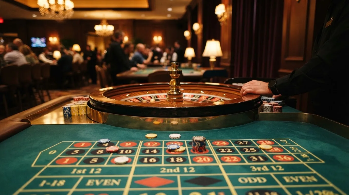Roulettehjul og spillemærker på grønt filt i varmt aftenlys — casino med cardano i danmark