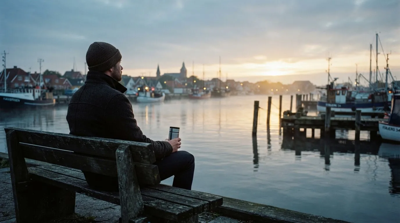 En mand sidder på en bænk ved havnen en tidlig morgen og ser ud over vandet med en termokop i hånden.