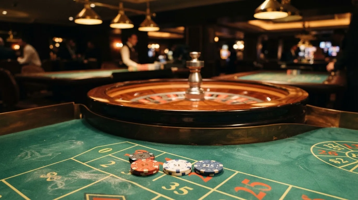 Roulettehjul og spillemærker på grønt filt i varmt aftenlys — casino med dogecoin i danmark