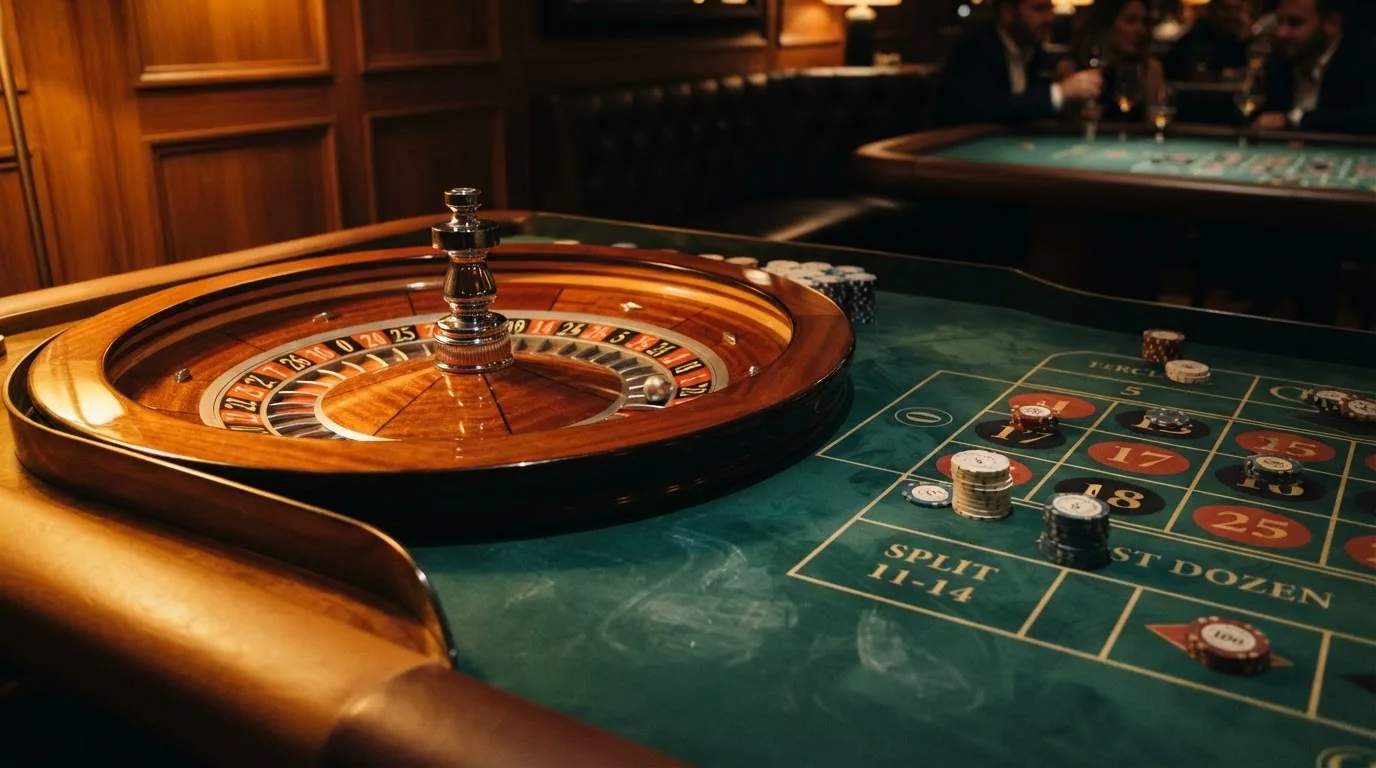 Roulettehjul og spillemærker på grønt filt i varmt aftenlys — casino med högst rtp