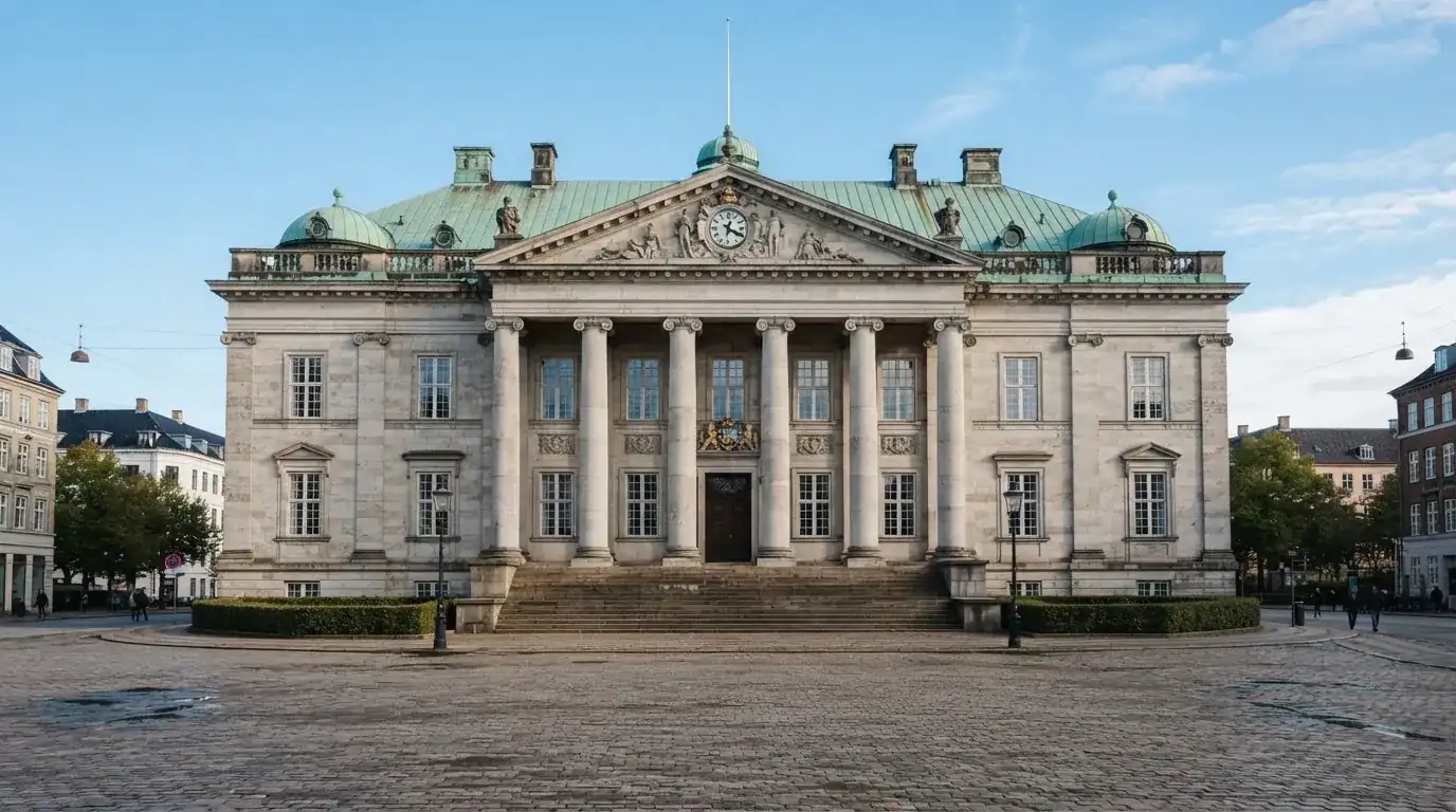 En historisk bygning i København med grøn kobbertag og kolonner i klart dagslys, set fra pladsen foran.
