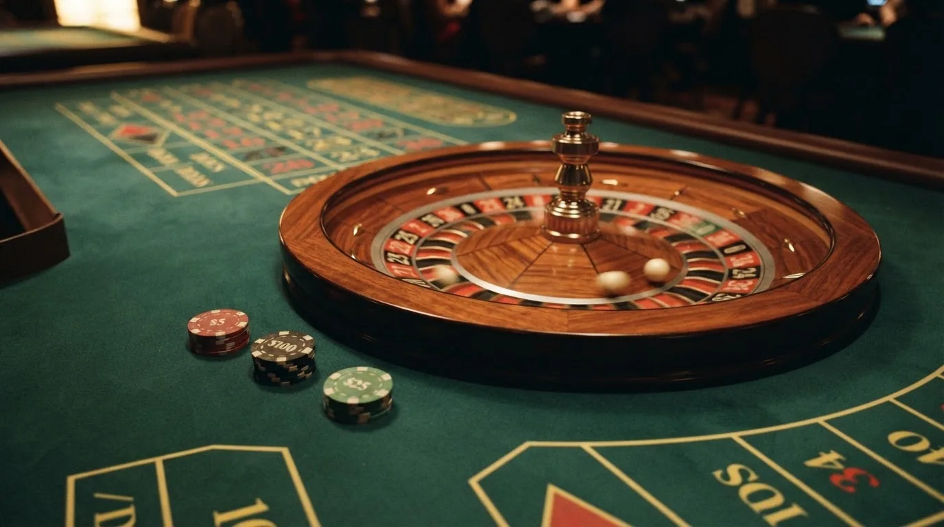 Roulettehjul og spillemærker på grønt filt i varmt aftenlys — casino på mobilen i danmark
