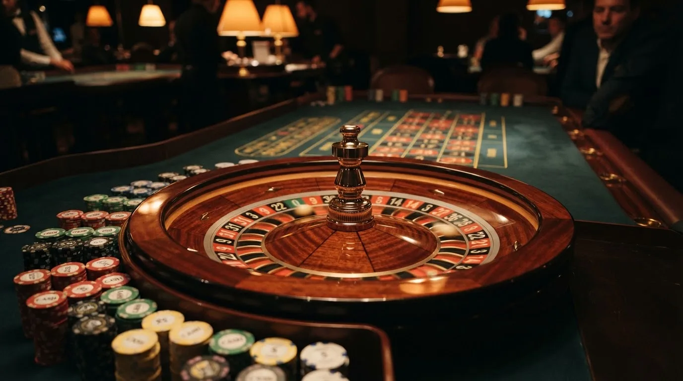 Roulettehjul og spillemærker på grønt filt i varmt aftenlys — casino uden dansk licens