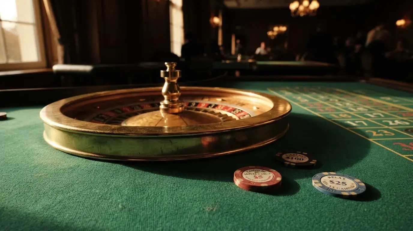Roulettehjul og spillemærker på grønt filt i varmt aftenlys — dansk live roulette