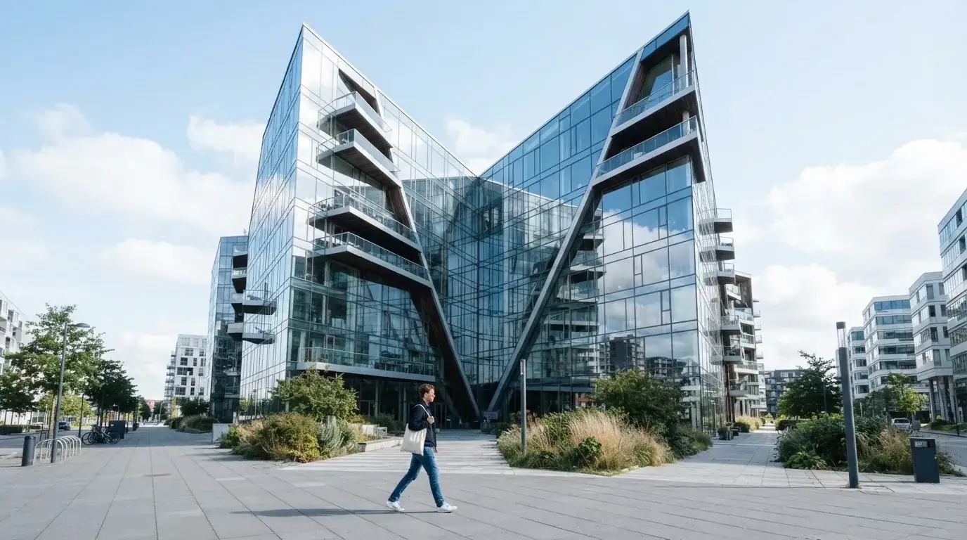 En moderne glasbygning i Ørestad en lys dag med en fodgænger i forgrunden og blå himmel bag facaden.
