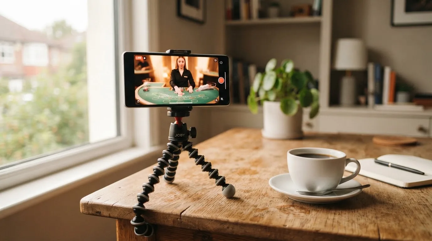 En smartphone på et stativ viser en uskarp videostream af et spillebord, mens en kaffekop står ved siden af på et skrivebord.