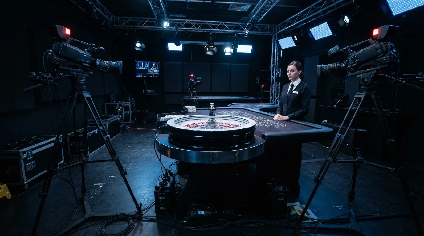 Kameraer på stativer og et roulettehjul midt i et mørkt livecasino-studie med en dealer i uniform, set fra siden i blåligt lys.