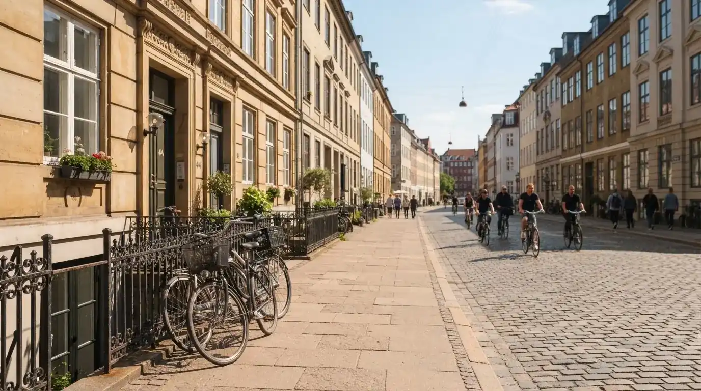 Københavnsk gade med klassiske sandstensbygninger og cyklister i klart vejr, set fra fortovet.
