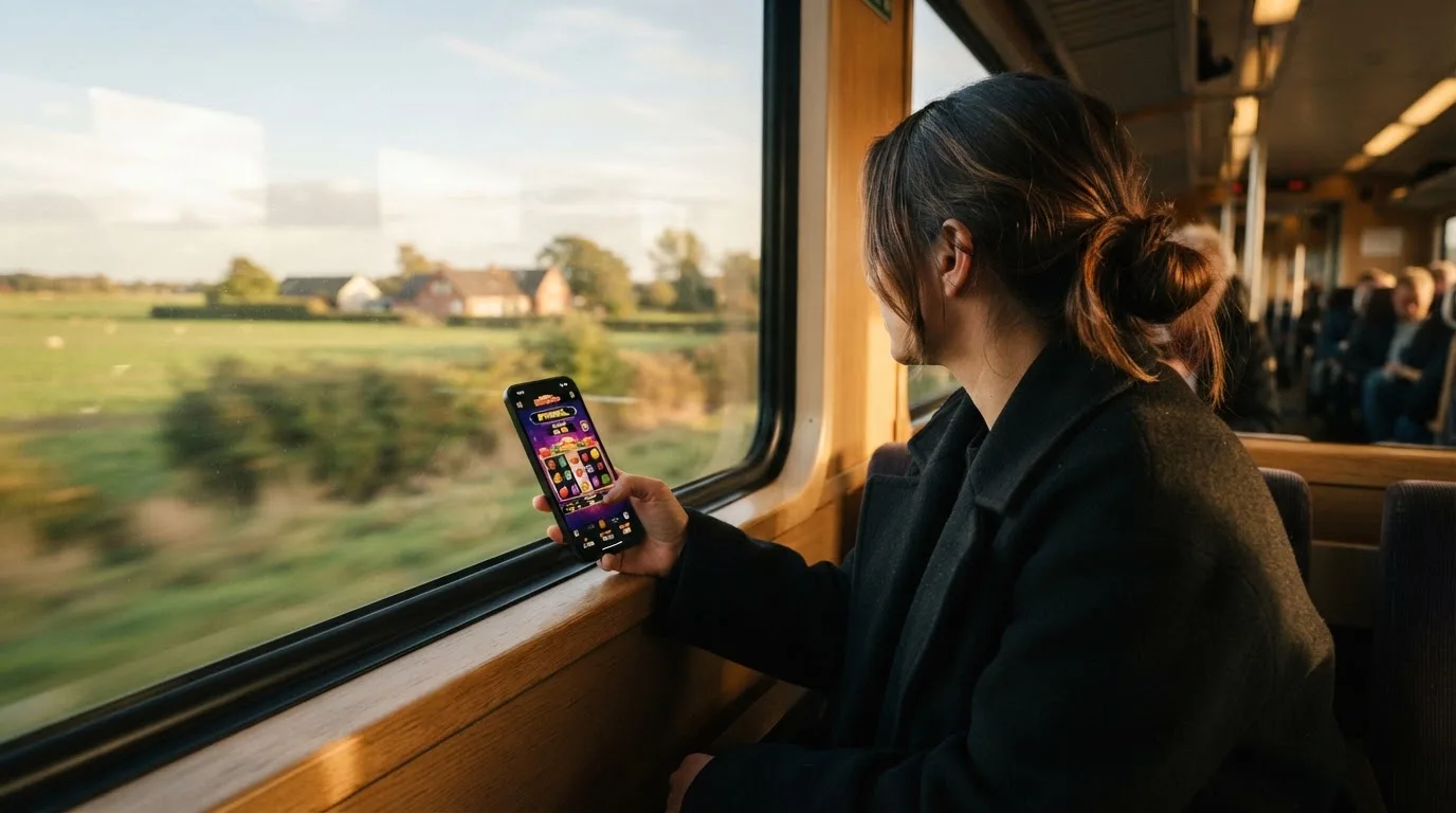Kvinde på toget ser ud ad vinduet med mobilen i hånden, mens landskabet suser forbi i eftermiddagslys.